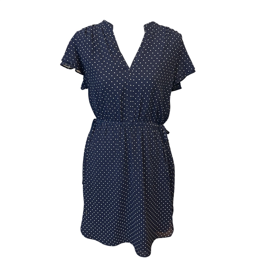 H&M Navy Blue Polka Dot Chiffon Flutter Sleeve Midi Dress 12 Preppy  Classic